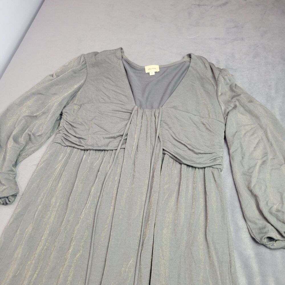 Ella Moss S Gray-Gold Metallic Long-Sleeve Boho Dress With Beaded Tie Accents - Picture 3 of 8